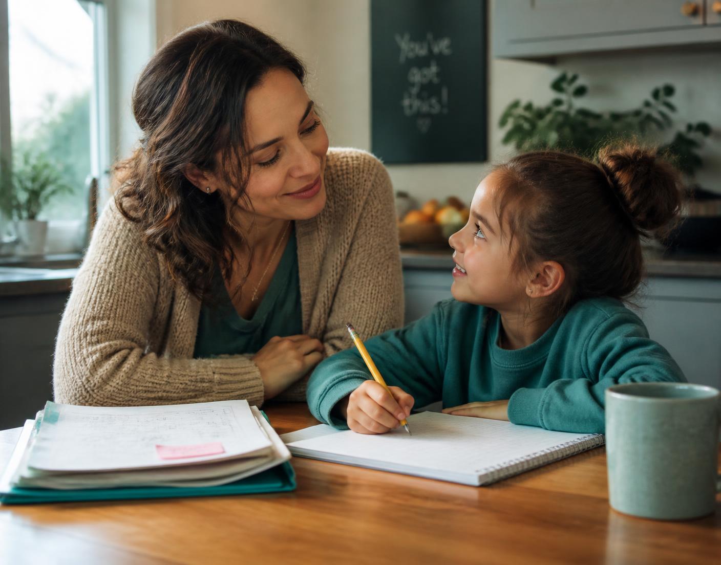 A parent and child reviewing school papers together at the kitchen table